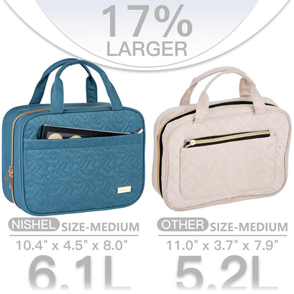 NISHEL Travel Toiletry Bag for women, Portable Hanging Organizer for Travel-Sized Shampoo, Conditioner, Brushes Set, Makeup Accessories, Medium Size, Lake-Blue