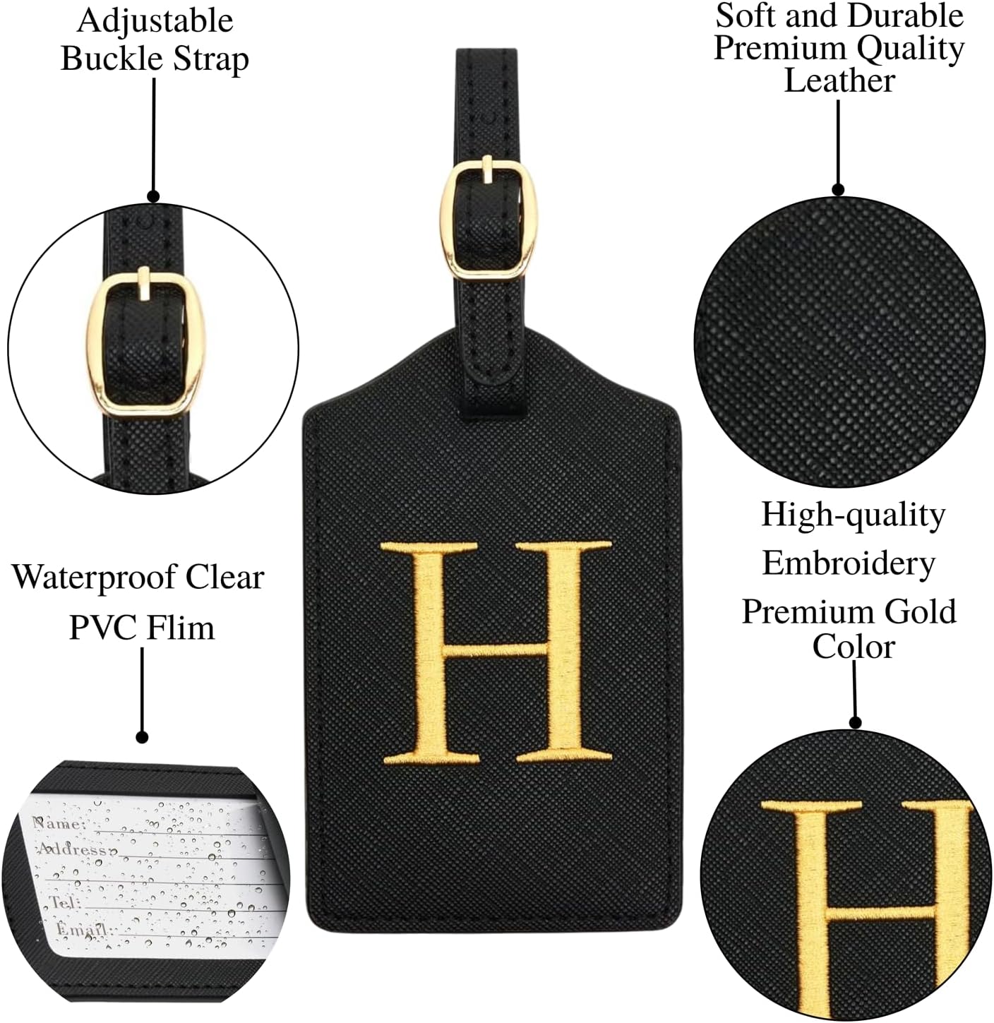 Luggage Tag PU Leather for Suitcase Baggage Handbag Travel Bag Label Suitcase Tag Label Tag w. Name Card & Privacy Cover (H)