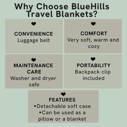 BlueHills 2-Pack Premium Soft Travel Blanket Pillow Airplane Blanket in Soft Bag Pillowcase with Hand Luggage Belt and Backpack Clip, Compact Pack Large Blankets for Any Travel (Grey Gray T013)