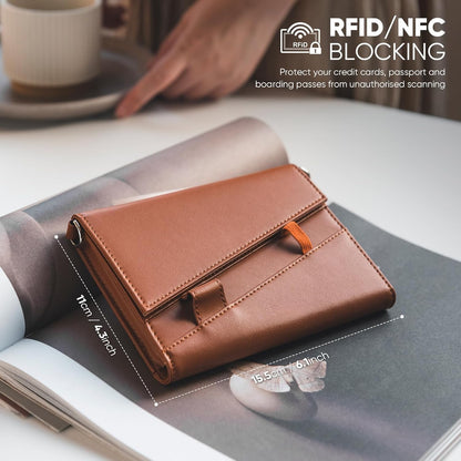 Real Leather Wallet RFID Blocking Passport Holder with Travel Lanyard Document Organizer Brown (Brown)