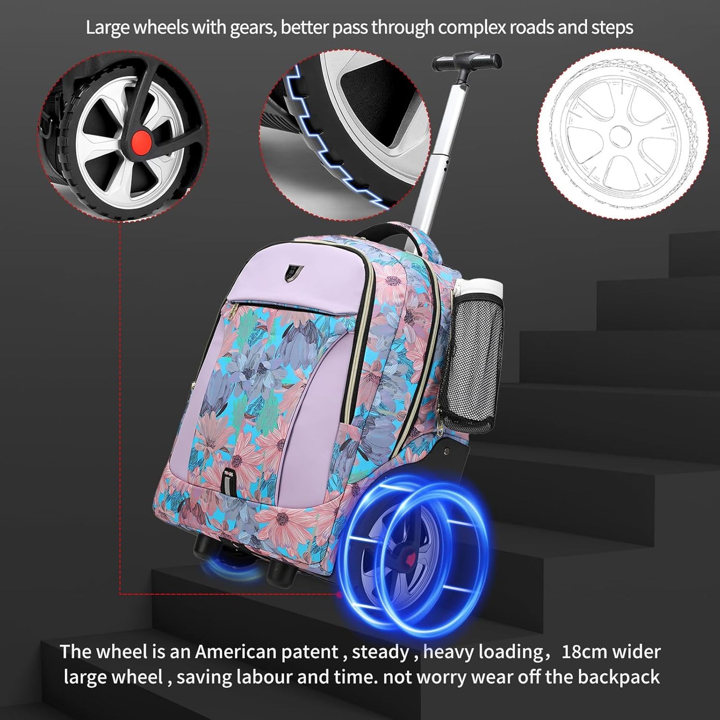 Rolling Backpack,Waterproof Backpack with Wheels for Business and Travel Commuter, Carry on Backpack with Laptop Compartment, Fit 17 Inch Laptop, Wheeled Backpack for Adults