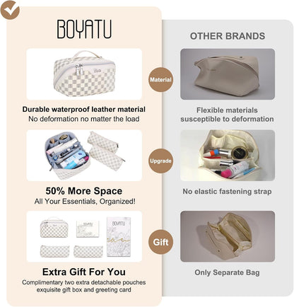 BOYATU Travel Makeup Bag Cosmetic Bags for Women: 3 Pcs Set Portable Make up Bag with Handle - Vegan Leather Toiletry Bags with Compartments - Makeup Organizer for Travel Essentials(02-Beige)