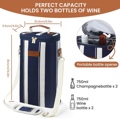 2-Bottle Insulated Wine Carrier Tote - Leakproof Padded 900D Oxford Wine Cooler Bag for Travel, Picnics, Beach & Parties - Ideal Wine Gift for Wine Lovers