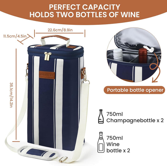2-Bottle Insulated Wine Carrier Tote - Leakproof Padded 900D Oxford Wine Cooler Bag for Travel, Picnics, Beach & Parties - Ideal Wine Gift for Wine Lovers