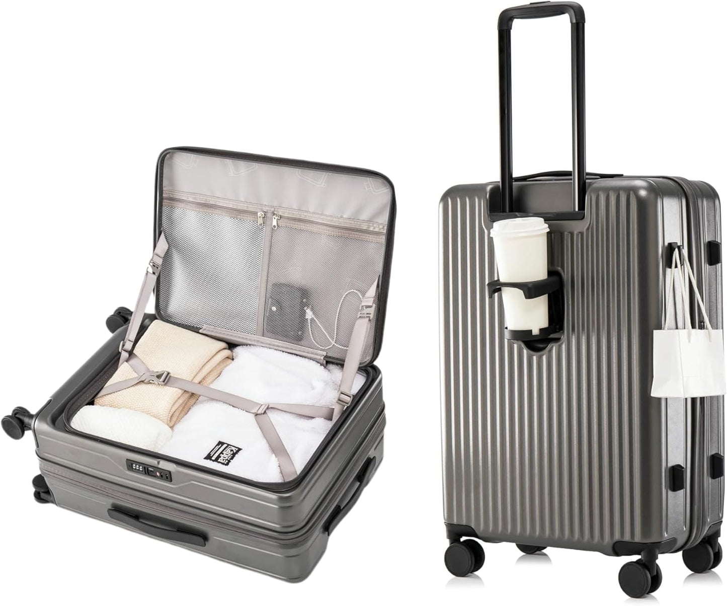 HotWay 20 Inch Expandable Carry On Luggage with Cup Holder, Hardside TSA Approved Luggage with Spinner Wheels, Top Opening Suitcase For Travel, Gray