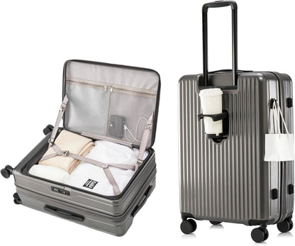 HotWay 24 Inch Expandable Checked Luggage with Cup Holder, Hardside TSA Approved Luggage with Spinner Wheels, Top Opening Suitcase For Travel, Gray