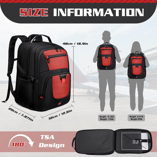 Large Travel Backpack, 50L Laptop Backpack for Men 17.3 Inch, TSA Approved, Heavy Duty with USB Charging, Anti Theft for College Business Work, Red