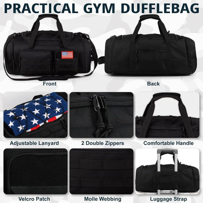 Tactical Gym Bag for Men，50L Large 3 in 1 Sports Duffle Bag with Shoes Compartment for Travel,Water Resistant Travel Backpack Weekender Overnight Bag with Wet Pocket for Women