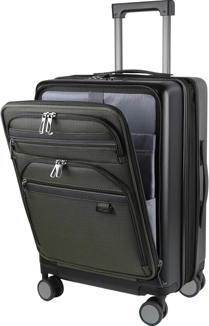 KROSER Hardside Expandable Carry On Luggage 22x14x9 Airline Approved With Front Business Pockets, 20 Inch Suitcases with Wheels, Carry on Suitcase with TSA Lock & USB Port, Black-Army Green