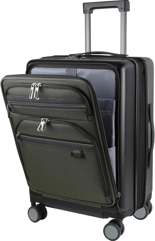 KROSER Hardside Expandable Carry On Luggage 22x14x9 Airline Approved With Front Business Pockets, 20 Inch Suitcases with Wheels, Carry on Suitcase with TSA Lock & USB Port, Black-Army Green