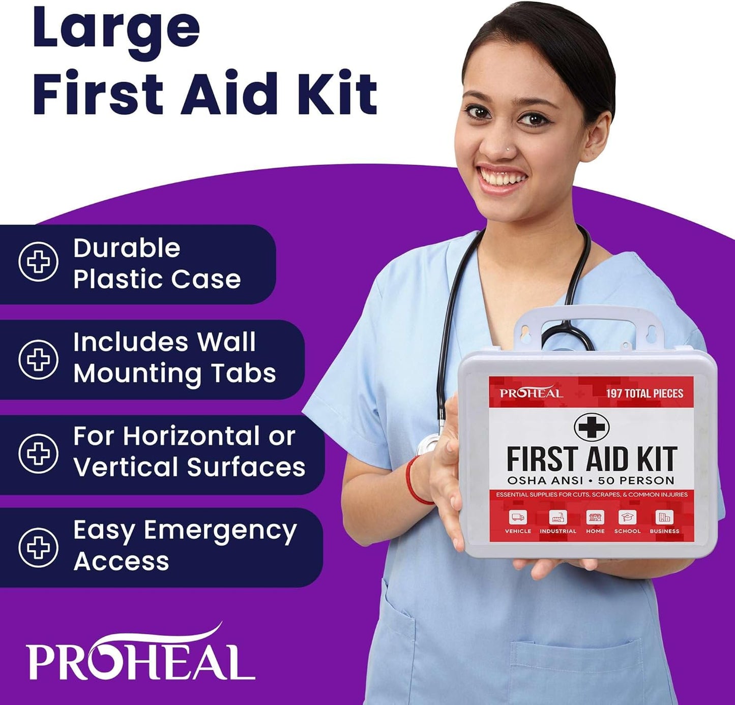 50 Person OSHA Compliant First Aid Kit for Businesses, Vehicles, Trucks, Construction Site - Type III, ANSI Class A Emergency Kit - 197 Piece Essential First Aid Supplies