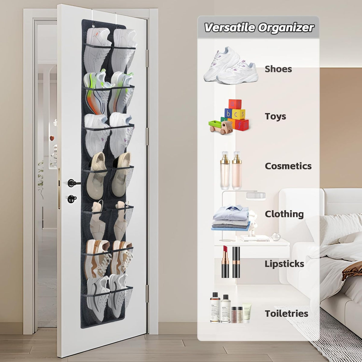 Over The Door Shoe Organizer, 14 Large Mesh Pockets Hanging Shoe Rack for Closet Organizers and Storage, 2-pack (black)