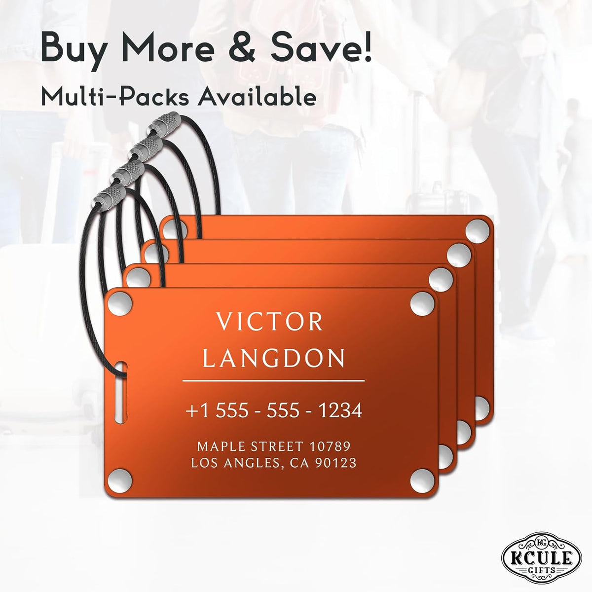 Personalized Luggage Tags for Suitcases - Aluminum Custom Luggage Tags for Backpacks & Bags, Sturdy, Waterproof & Heavy Duty (Orange/Card-Sized)