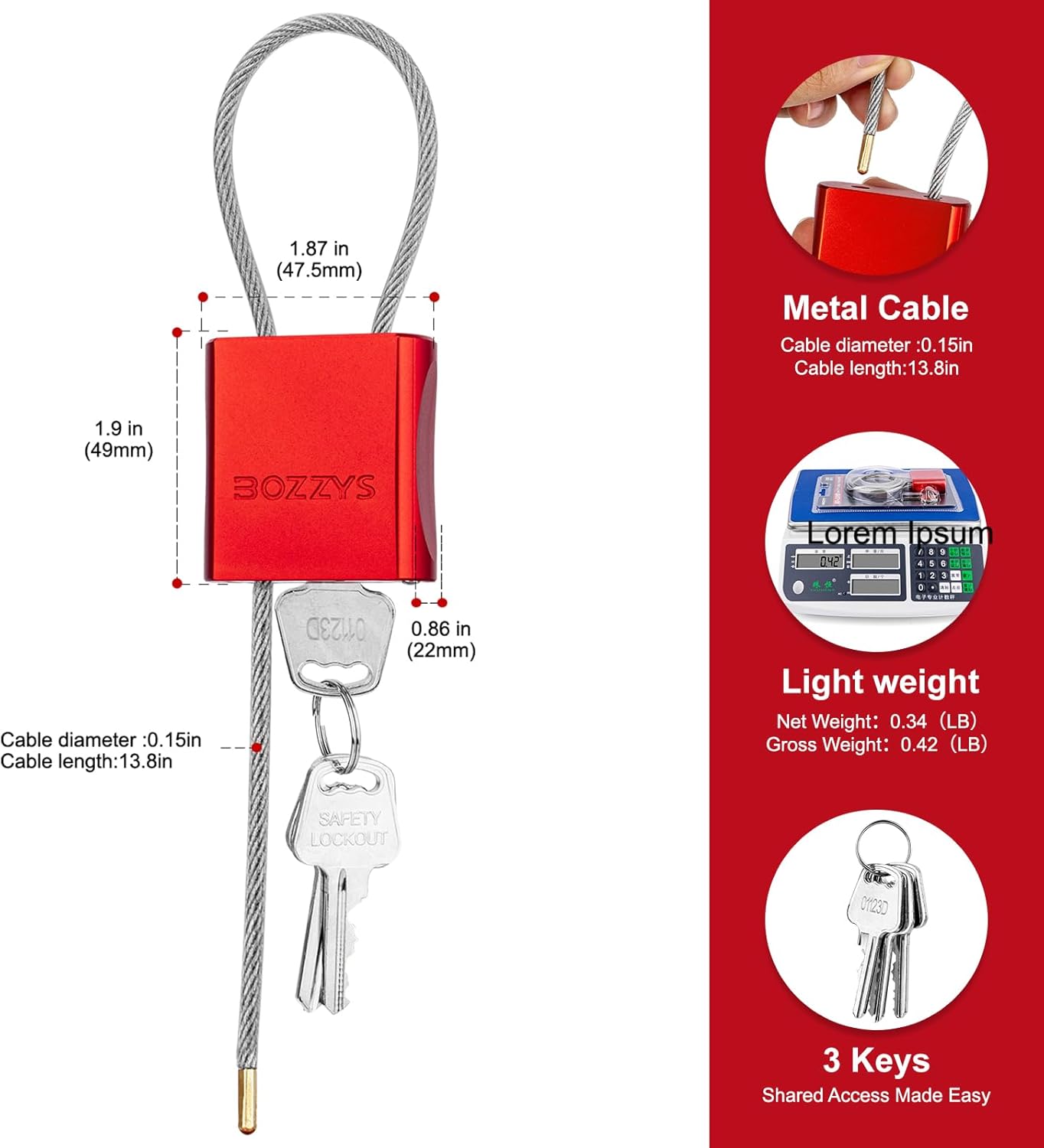 Adjustable Cable Padlock with 3 Keys | 1.15ft L x 1/6in D Aluminum Steel Cable Locks for Bikes, Gate, Lockers & Outdoor Gear | Keyed Different & Red