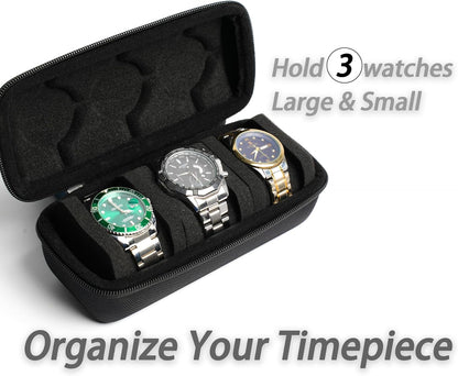 3 watch travel case roll, Hard watch carry case roll display storage organizer box for men and women with soft foam pillows snug fit all size watches up to 60mm face