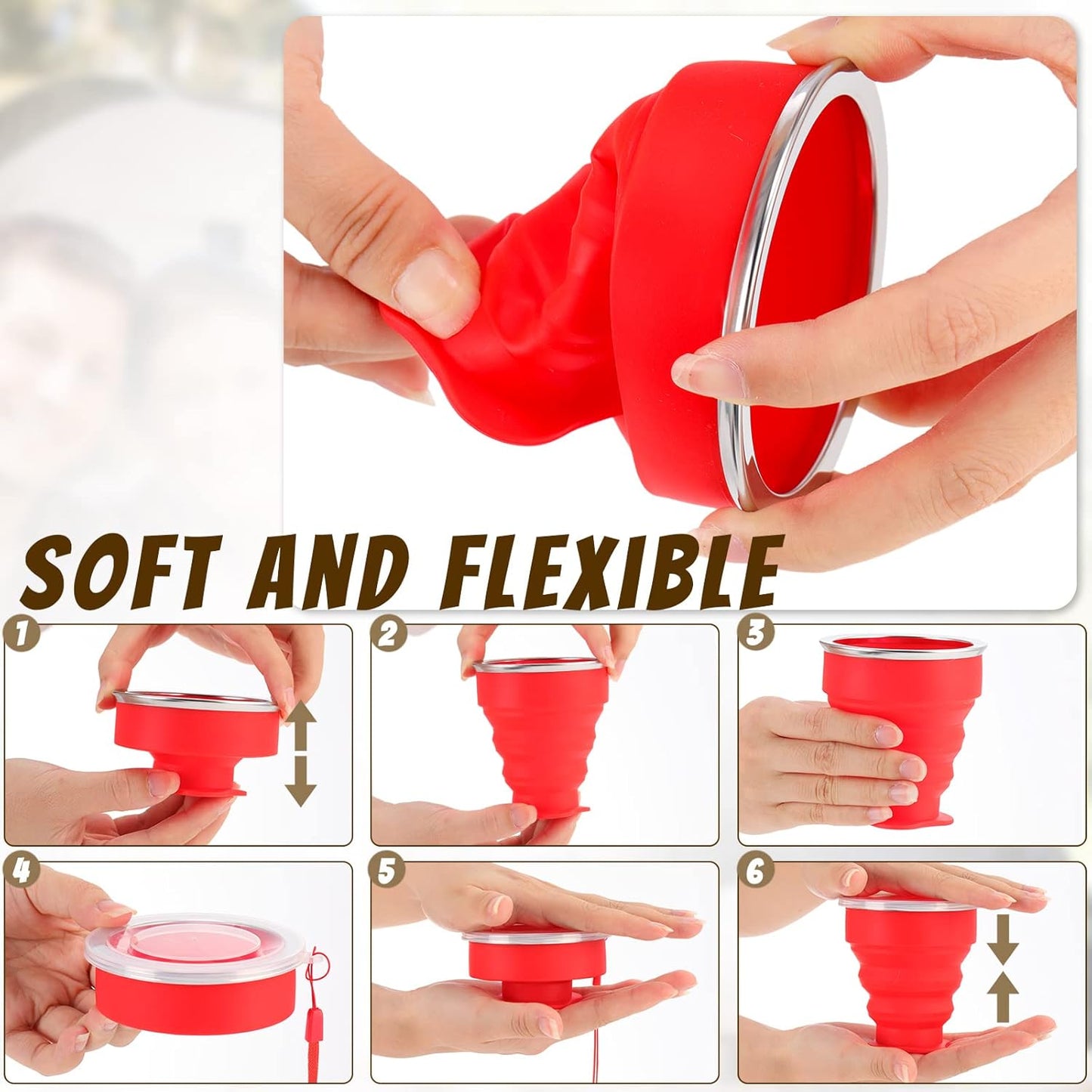 12 Pcs Silicone Collapsible Cup 7.04 oz Folding Camping Travel Collapsible Coffee Cup Portable Reusable Expandable Drinking with Lids for Outdoor Hiking