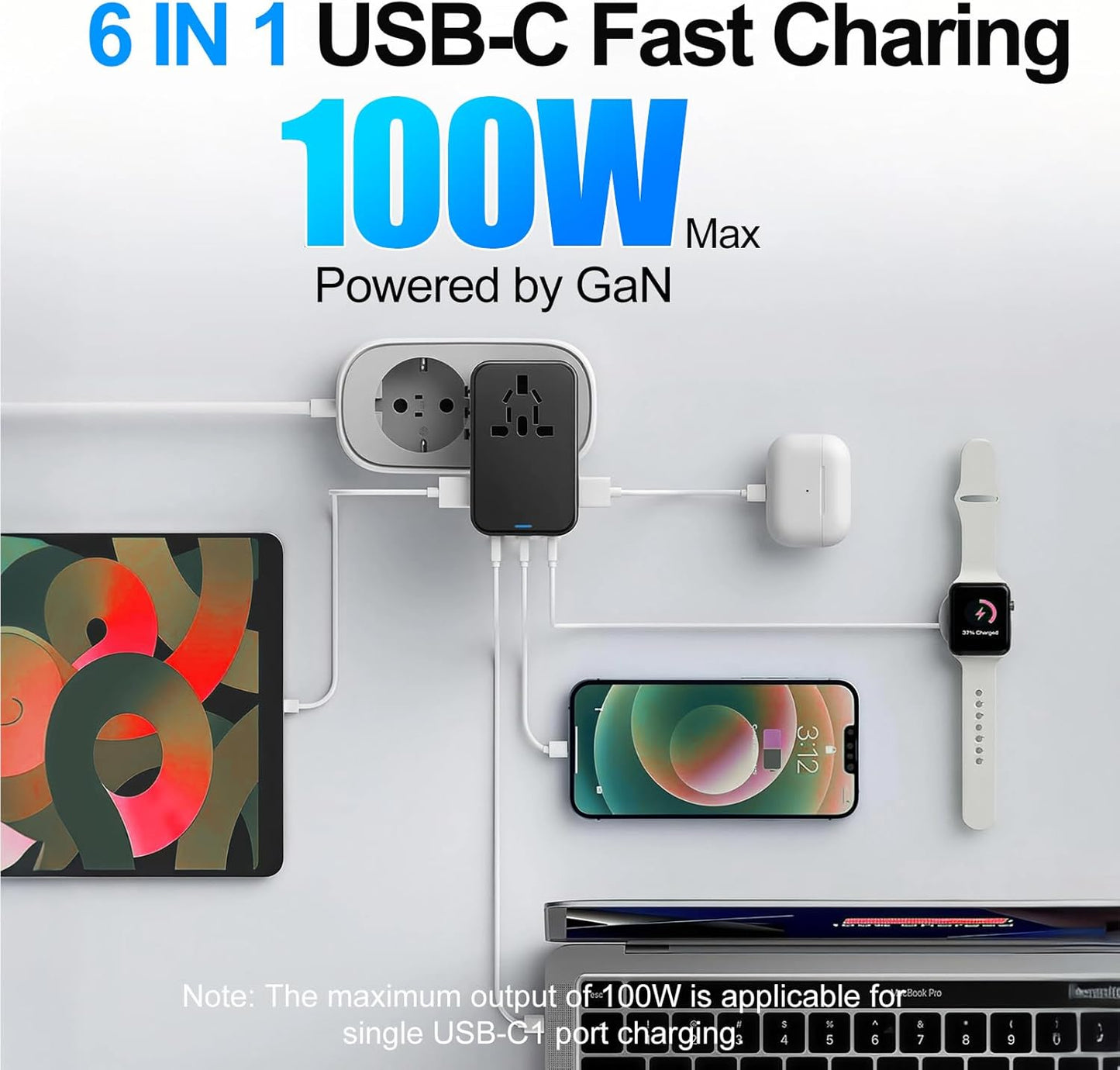 JMFONE Universal Travel Adapter with GaN 100W,International Power Plug Adapter 5 Port [4*USB C+1*USB A] and Multi AC Sockets, All-in-one Travel Outlet Plugs for 200+ Countries