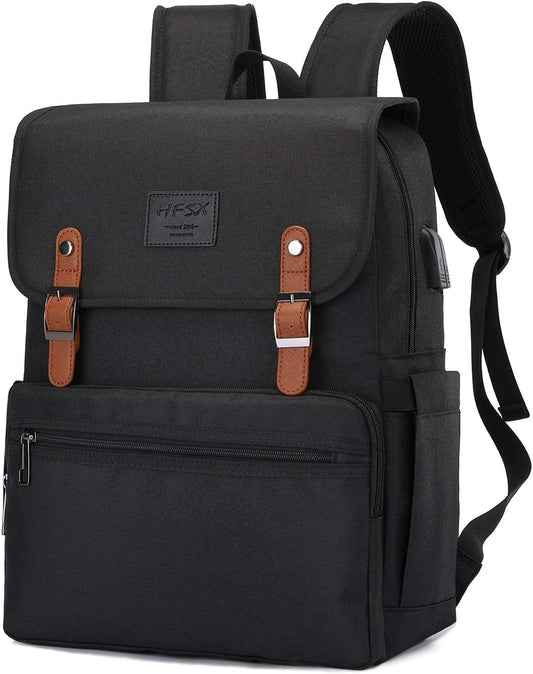 HFSX Laptop Backpack Men Women Vintage Backpack Bookbag College Backpacks Stylish Backpack Black Fits 15.6 Inch Laptop