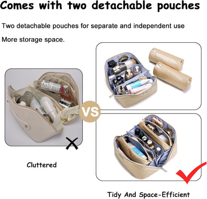 BOYATU Travel Makeup Bag for Women: Cosmetic Organizer Bag with Compartments - Leather Make up Bags Set of 3 (Gold Yellow)