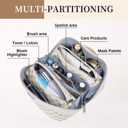 BOYATU Travel Makeup Bag Cosmetic Bags for Women: 3 Pcs Set Portable Make up Bag with Handle - Vegan Leather Toiletry Bags with Compartments - Makeup Organizer for Travel Essentials(02-Beige)