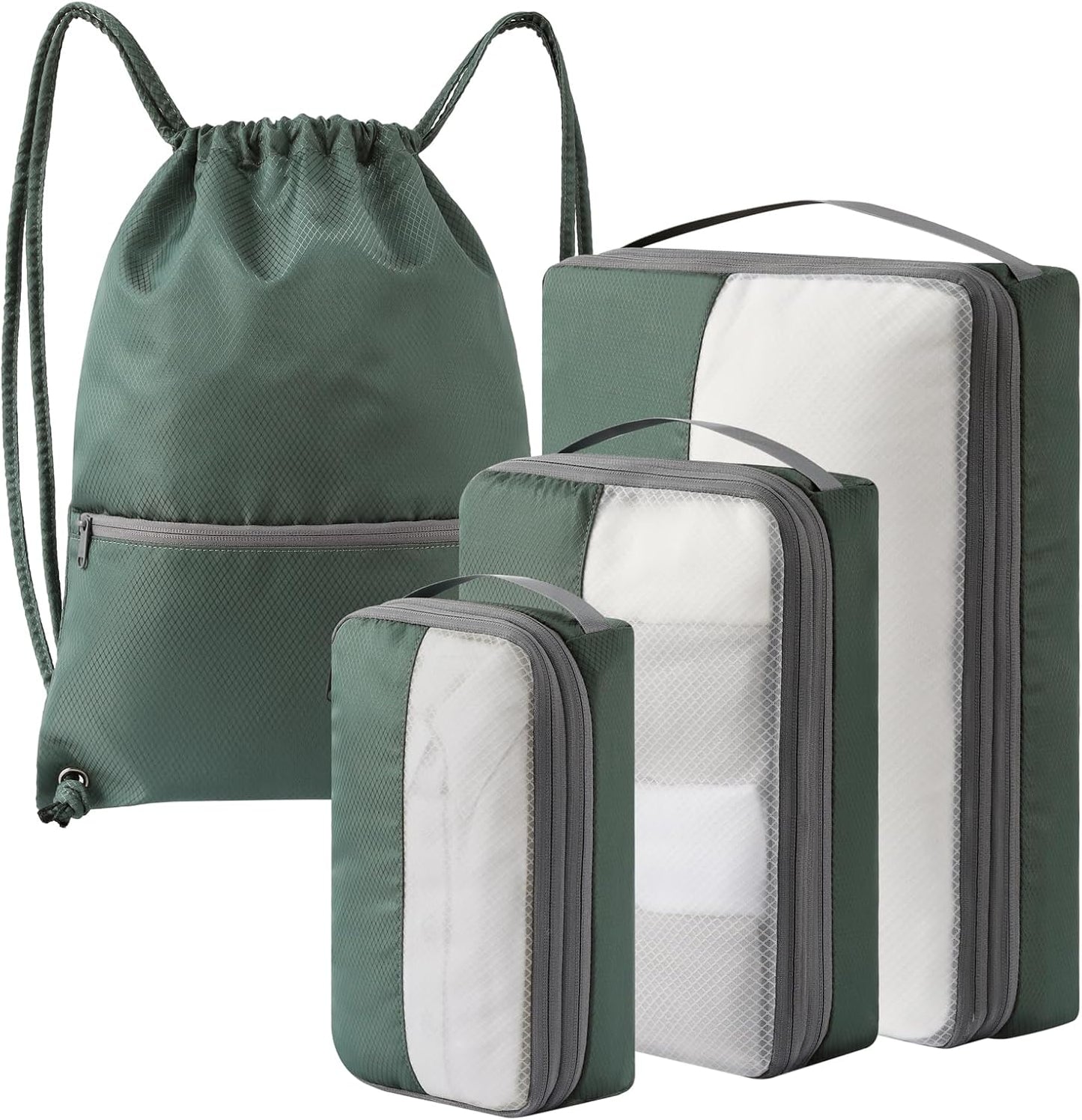 4 Set Compression Packing Cubes for Travel, Bonus Versatile Drawstring Backpack, Lightweight Luggage Organizer Bags, Sturdy Travel Accessories for Suitcase, Dark Green