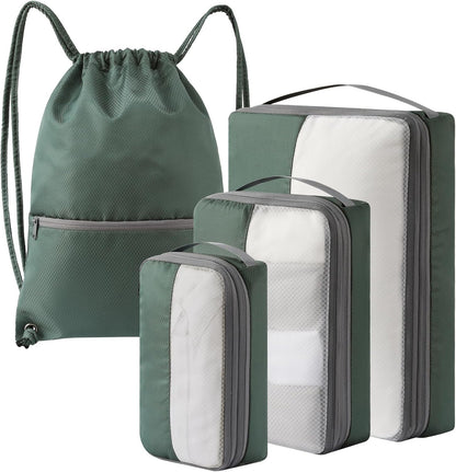4 Set Compression Packing Cubes for Travel, Bonus Versatile Drawstring Backpack, Lightweight Luggage Organizer Bags, Sturdy Travel Accessories for Suitcase, Dark Green