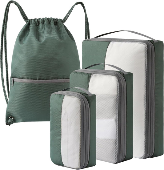 4 Set Compression Packing Cubes for Travel, Bonus Versatile Drawstring Backpack, Lightweight Luggage Organizer Bags, Sturdy Travel Accessories for Suitcase, Dark Green