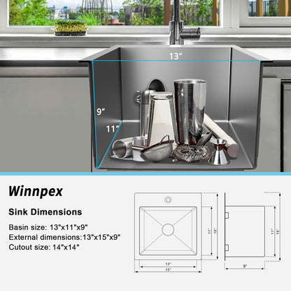 15x15 inch Drop in Bar Sink, 15 inch Small Kitchen Sink Topmount 18 Gauge Single Bowl Stainless Steel Bar Sink with Basket Strainer Drain & Bottom Grid