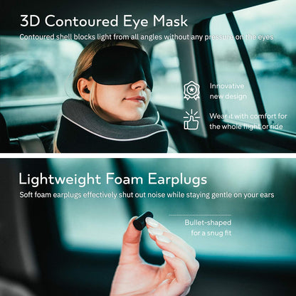 Orthopedic Neck Pillow, Travel Neck Pillows for Airplanes, Memory Foam Kit, 360° Head Support, Airplane Pillow Set with 3D Contoured Eye Masks, Earplugs, and Luxury Mesh Bag (Black)