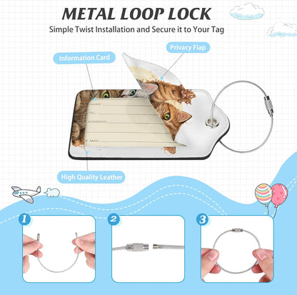 3 Pack Luggage Tag for Suitcase,Cute Funny Cat Leather Luggage Tags with Privacy Cover Name ID Label Identifiers Travel Bag Tags for Women Men Boys Girls