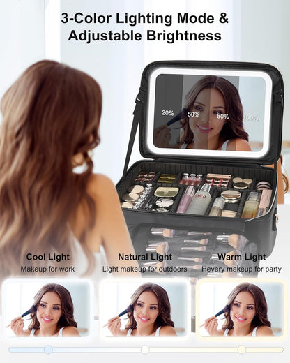 Relavel Travel Makeup Bag With LED Mirror, 16.2" Large Makeup Train Case, 3 Color Scenarios Adjustable Brightness, Waterproof Makeup Train Case Organizer with DIY Dividers for Makeup Artist, Black