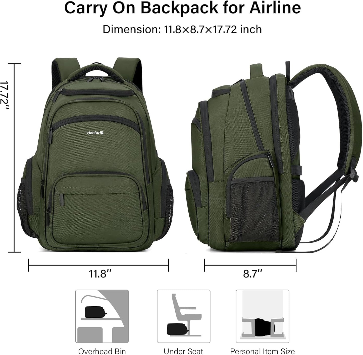 Hanke College Laptop Backpack Multi-Pocket, 18-Inch Large Travel Backpack for Men Women, Water Resistant College Bookbag for 15.6 Inch Laptop, Casual Daily Personal Item Size,Army Green