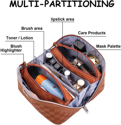 Travel Makeup Bag Organizer Cosmetic Bag: 3 Pcs Set Make up Bags for Women with Handle - Waterproof Vegan Leather Toiletry Bags with Comparments (C-10-Brown)
