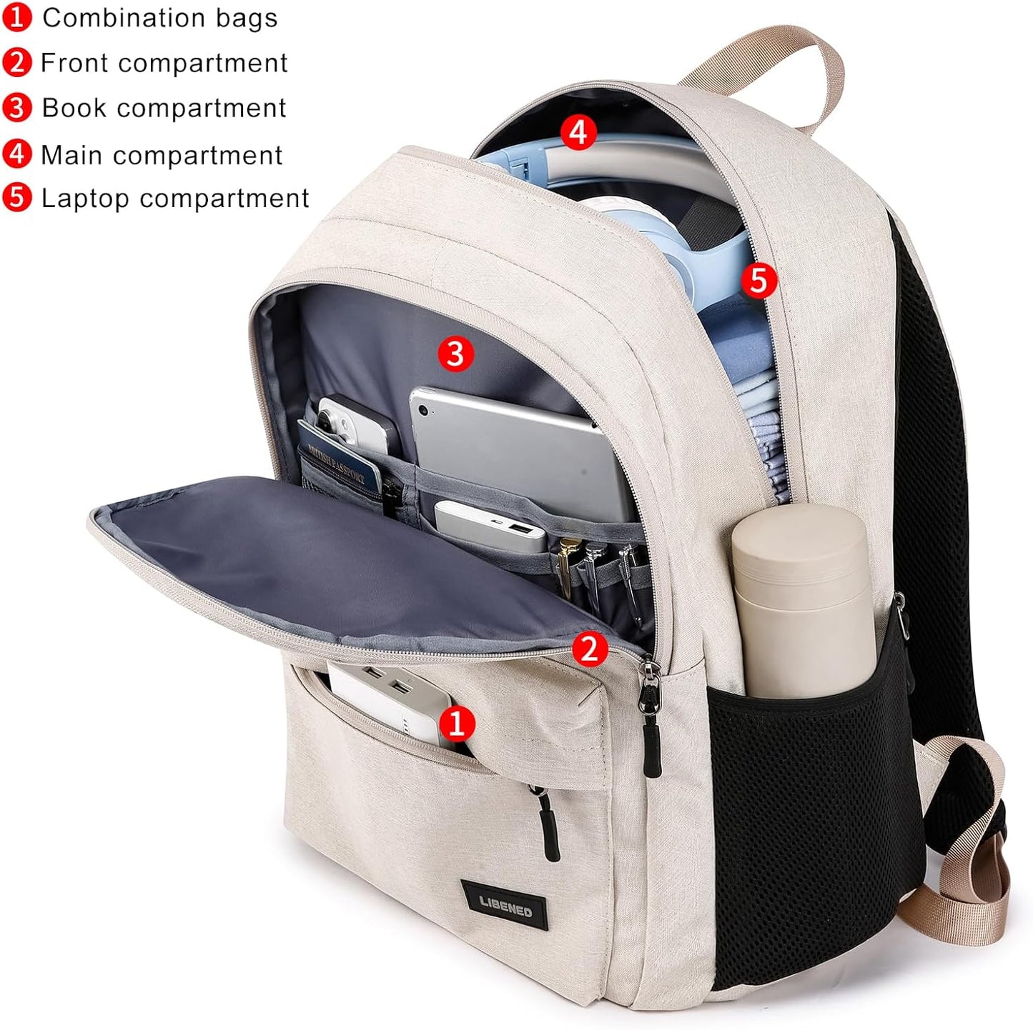 School Backpack for Teen Boys and Girls, Backpack for Men Women, 15.6 inch Laptop Back Pack for High School and College Students with USB Charging Port, Beige