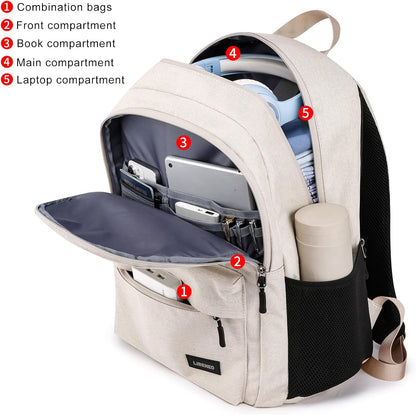 School Backpack for Teen Boys and Girls, Backpack for Men Women, 15.6 inch Laptop Back Pack for High School and College Students with USB Charging Port, Beige