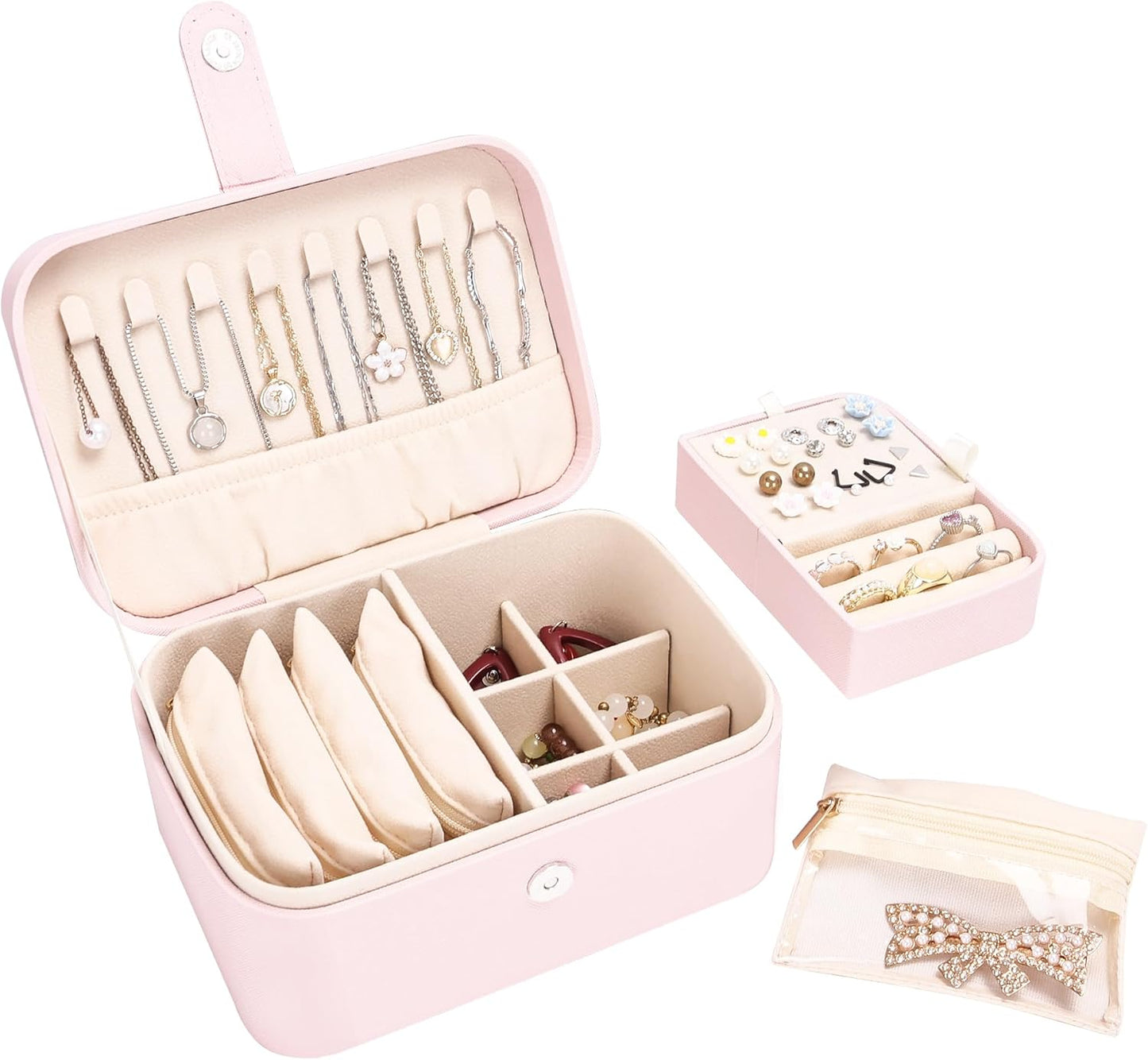 2 Layer Portable Jewelry Box, Large Jewelry Travel Case with 4 Jewelry Pouches, Medium Size Jewelry Organizer Box for Earrings, Necklaces, Bracelets (light pink)