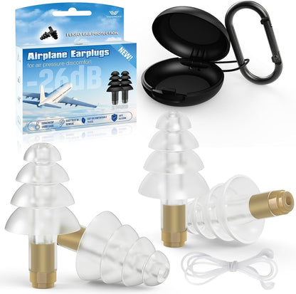 Ear Plugs for Airplane Pressure Relief, 2 Pairs Adults Soft Silicone Reusable Airplane Earplugs 26dB, with Silicone Connector Cord, Travel Essentials for Flying, Ear Protection Earplugs for Plane
