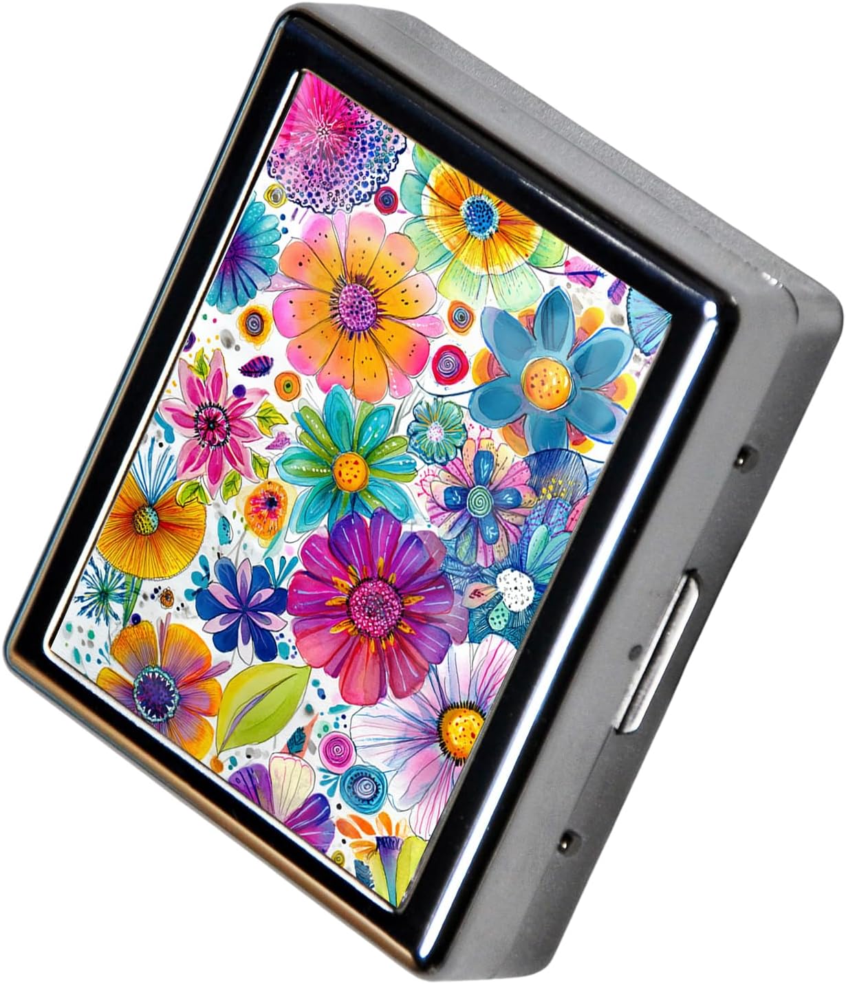8‑Compartment Metal Pill Box Organizer – Portable Medicine Case 3″×2.6″ | Food‑Grade Dividers | Secure Snap Button Lid | Travel & Gift for Seniors (Vibrant Bloom Explosion)
