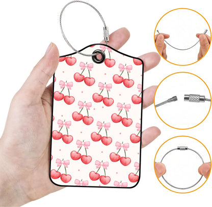 Luggage Tags for Suitcases, 2-Pack PU Leather for Cruise & Travel, Baggage ID Tags with Privacy Cover & Address Card, Durable Metal Ring, Kids Adults Travel Accessories, Sweet Bow Cherries