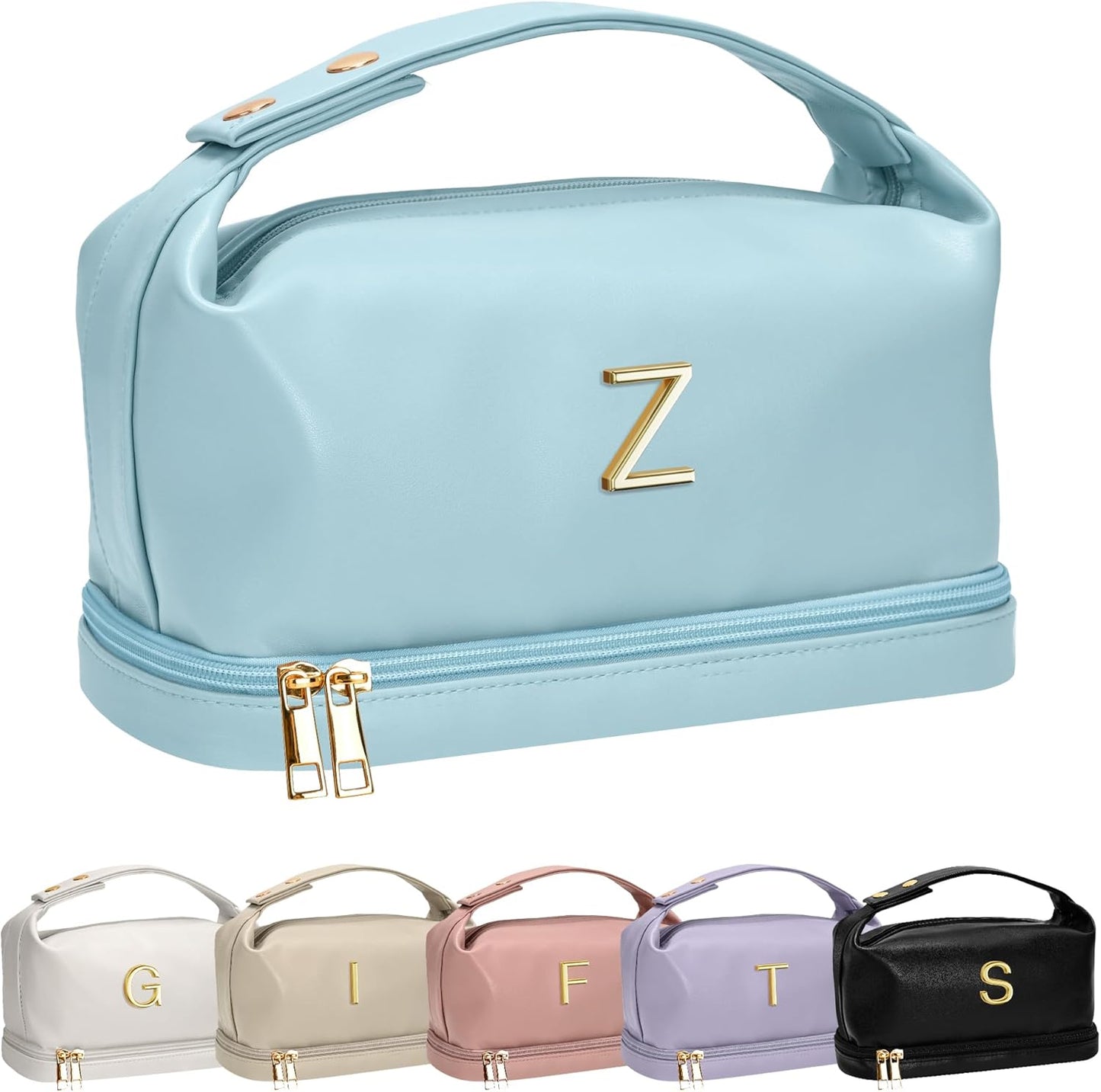 College Girl Gift Ideas, Personalized Makeup Bag with Handle, Initial Double Layer Cosmetic Bag with Makeup Brush Organizer, Birthday Gifts for 11 12 13 14 15 16 17 18 Year Old Girls