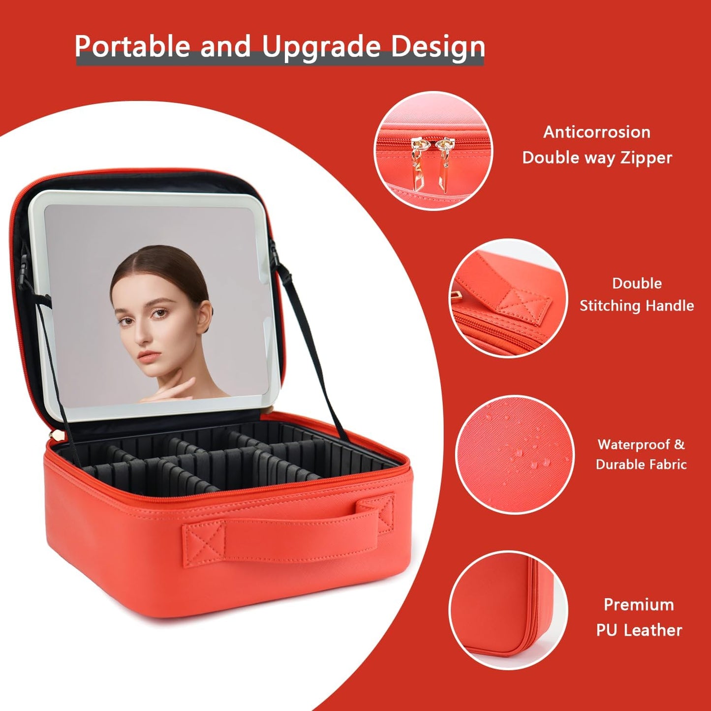 Makeup Bag with Led Mirror,Travel Makeup Organizer with 3 Color Setting, Portable Storage and Adjustable Dividers Travel Makeup Bag(red)