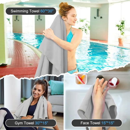 Quick Dry Travel Towel, 3 Sizes 1 Pack Camping Microfiber Towel, Lightweight Fast Drying Towels Set 60"x30", 30"x15", 15"x15" w/Bag for Gym, Beach, Hiking, Swimming, Grey