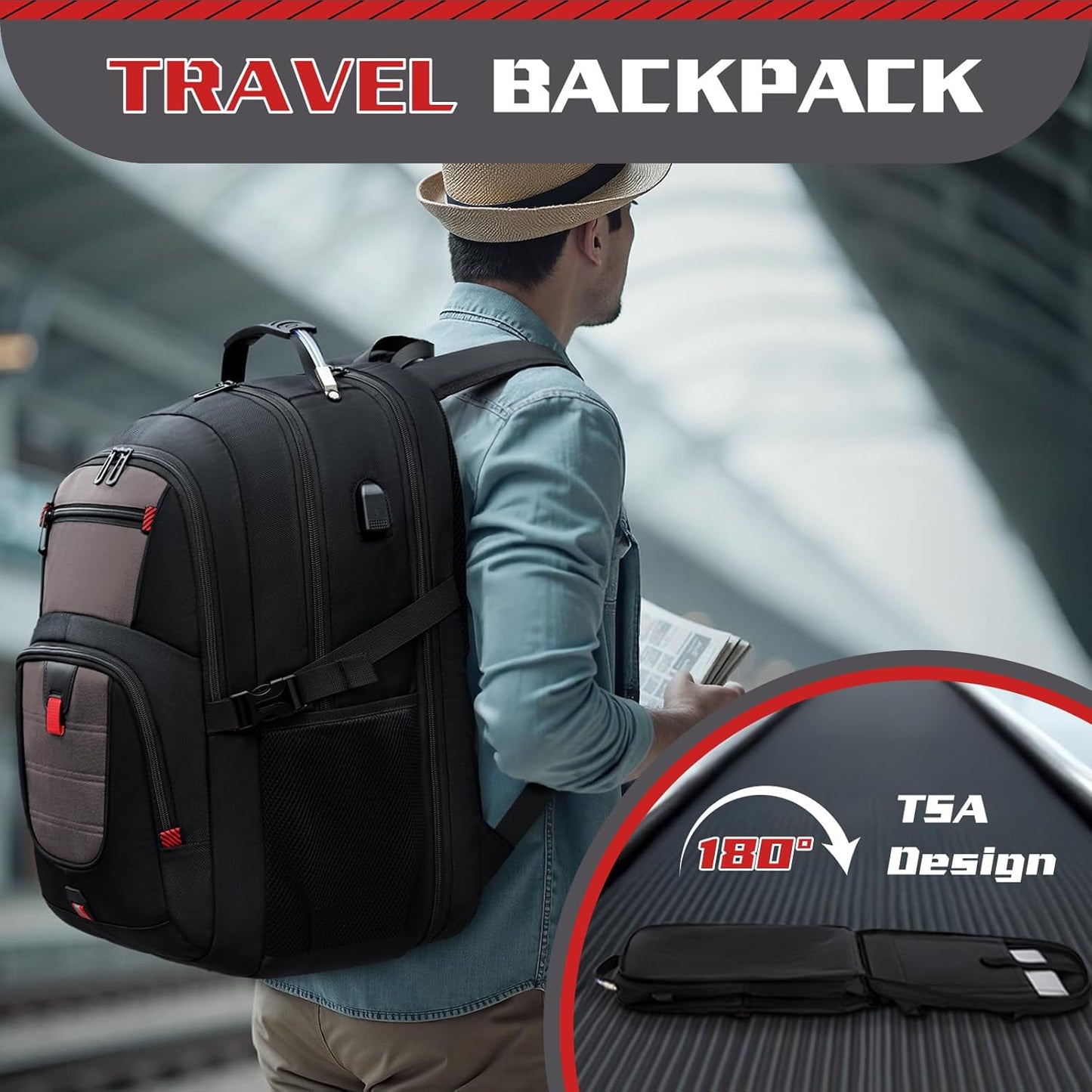 Extra Large Backpack, Travel Backpack, 17.3 Laptop In for Men, Extra Sturdy TSA Friendly with USB Port College School Rucksack Bag Gifts for Him Men Women, Grey