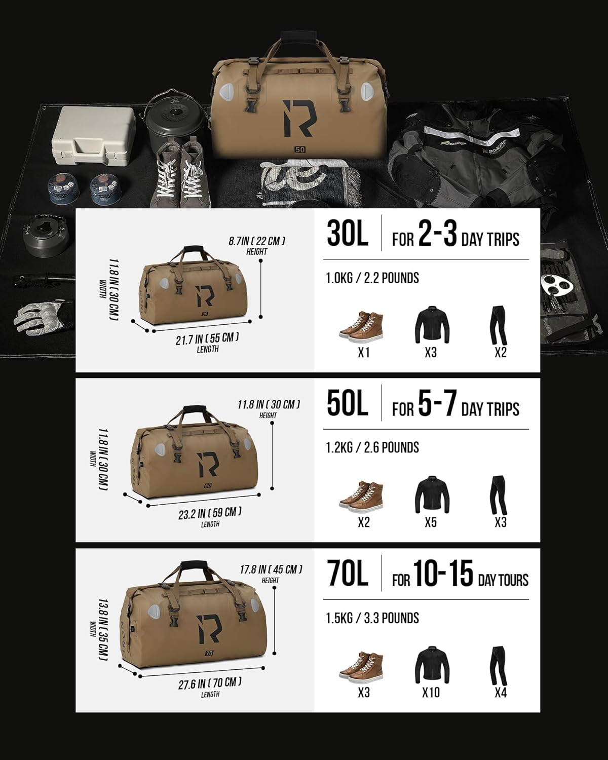 IRON JIA'S Motorcycle Dry Bag - Waterproof Duffle & Luggage Tail Bag Saddle Bags with Roll Top Closure, Shoulder Straps, Inner Pocket and Mesh Pocket (Brown, 70L)