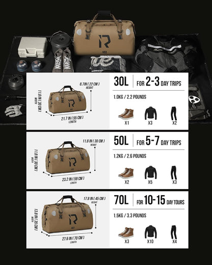 IRON JIA'S Motorcycle Dry Bag - Waterproof Duffle & Luggage Tail Bag Saddle Bags with Roll Top Closure, Shoulder Straps, Inner Pocket and Mesh Pocket (Brown, 50L)