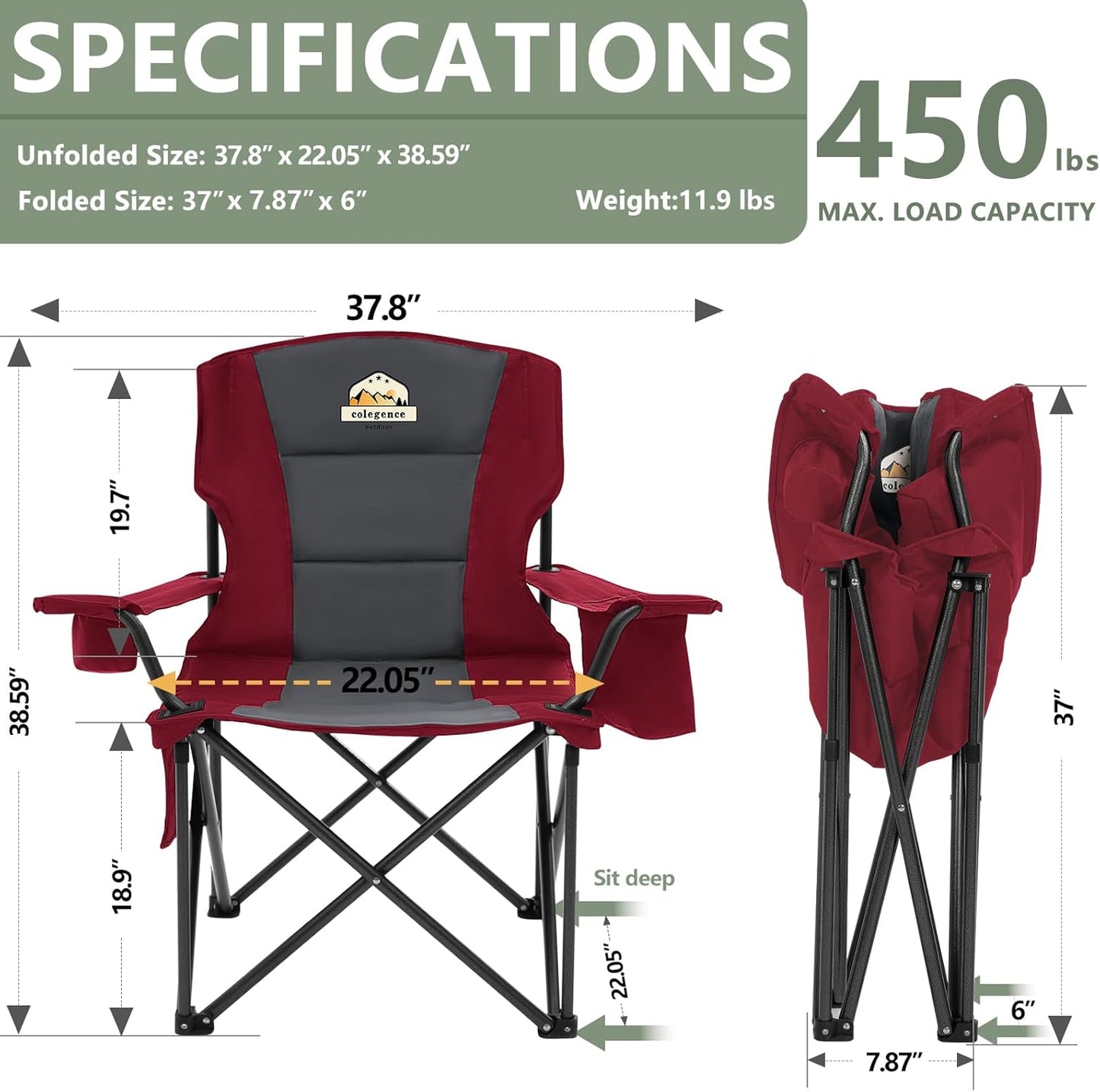 Oversized Folding Camping Chairs - 450 LBS Support Heavy Duty Camp Chair with Padded Cushion, Portable Outside Chairs with Carry Bag，Cooler, Cup Holder for Outdoor, Lawn, Sports - Red