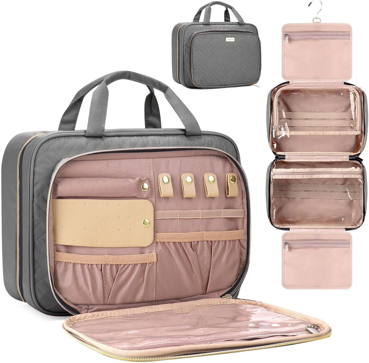 Toiletry Bag for Women with Jewelry Organizer Compartment, Jewelry Boxes for Gifts, Travel Makeup Cosmetic Bag with Hanging Hook for Full-sized Toiletries, Shampoo - Grey, Gifts for Women
