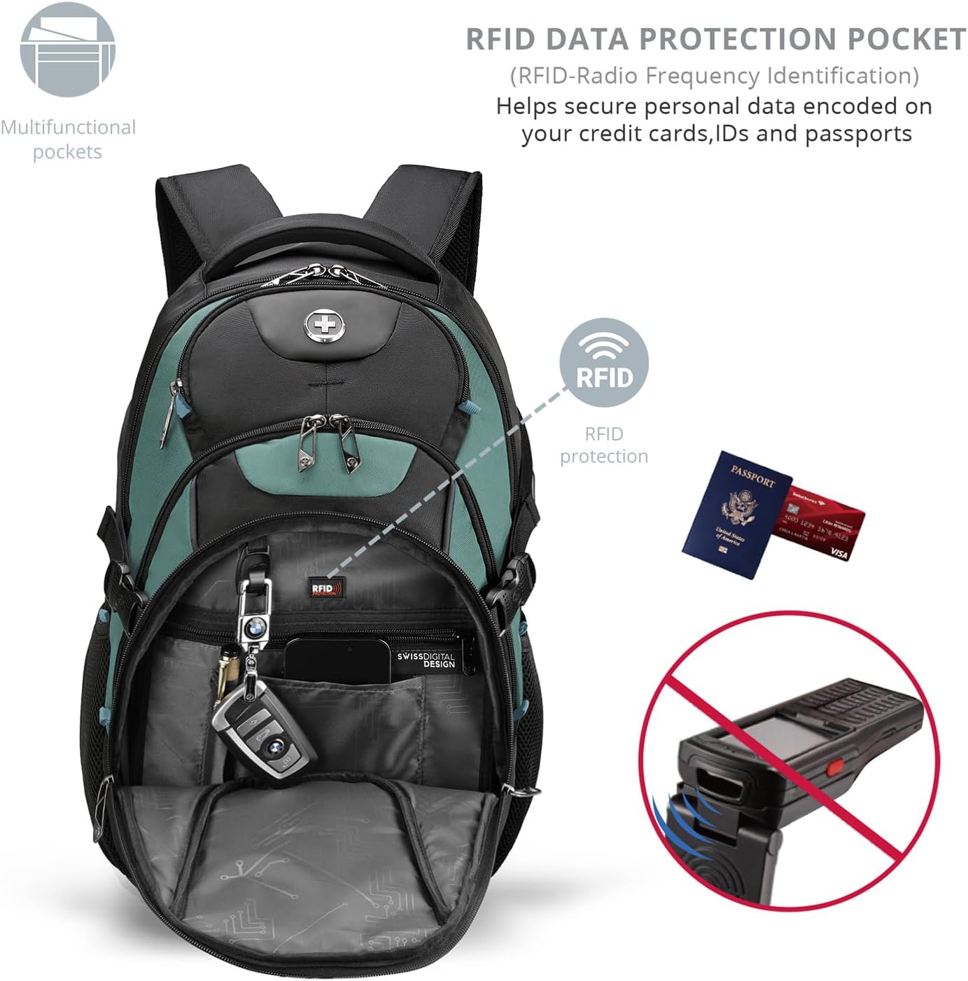 Swissdigital Design Laptop Backpack with USB Charging Port, TSA Travel Backpack Fits 15.6 inches Computer, 31L College School Backpack for Men, Lake Green/Black | SD803