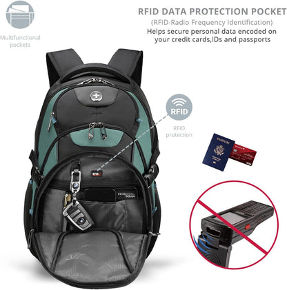 Swissdigital Design Laptop Backpack with USB Charging Port, TSA Travel Backpack Fits 15.6 inches Computer, 31L College School Backpack for Men, Lake Green/Black | SD803