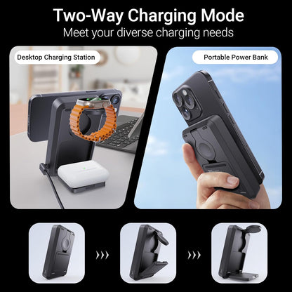 3-in-1 Portable Charger, 10000mAh Foldable Power Bank Fast Charging,MagSafe Charger Battery Pack Magnetic,Travel Wireless Charging Station for iPhone 16/15/14/13/12,iWatch, Air pods, Black
